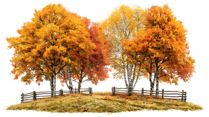 cluster of tree fences with autumn-colored leaves, symbolizing seasonal change and natural boundaries, isolated on a white background cluster of tree fences, autumn-colored leaves, seasonal 
