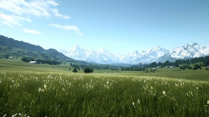 Fototapeta premium Expansive Alpine Meadow with Snow Capped Mountains under a Sunny Sky