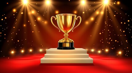Golden trophy on a pedestal under glowing spotlights with a red carpet, symbolizing victory, achievement, and excellence in competition.