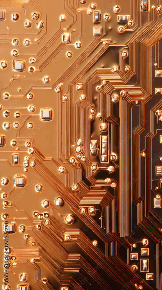 Poster golden printed circuit board featuring complex electronic pathways, metallic traces, and tightly int