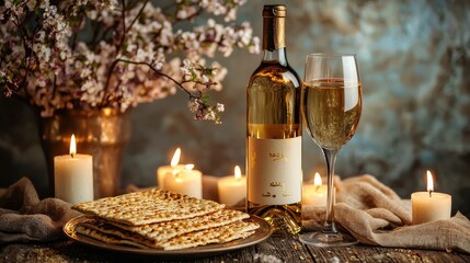 Naklejka premium Elegant passover setting featuring matzah wine and candlelight
