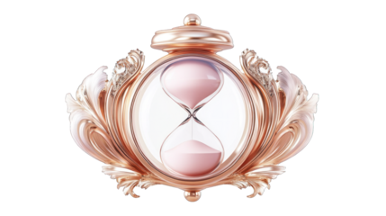 A gold and white clock with a pink face and a white hour hand