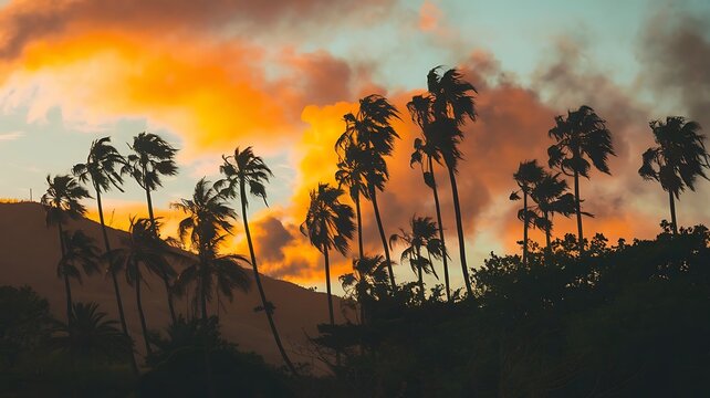 Iconic palm trees silhouetted against an orange sunset with smoke rising from the hills