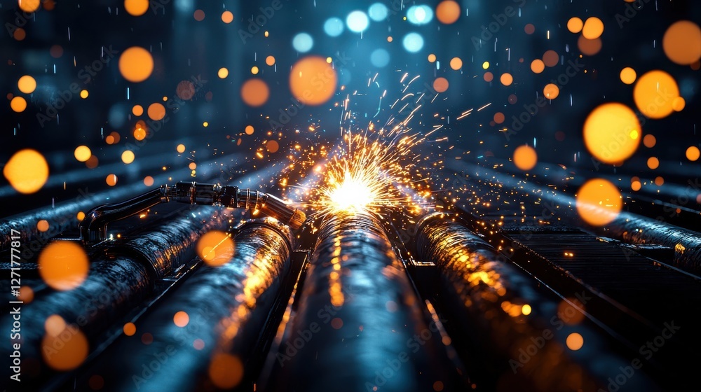 Poster welding worker in a factory pipeline creation industrial scene vibrant atmosphere dynamic perspectiv