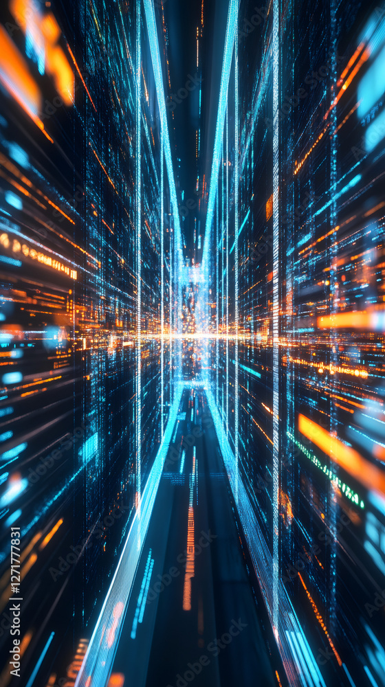 Aufkleber Digital network streams pulsing through virtual landscape, revealing interconnected data flow within sleek technological environment