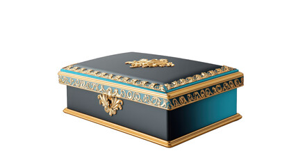 A blue and gold box with gold trim sits on a white background