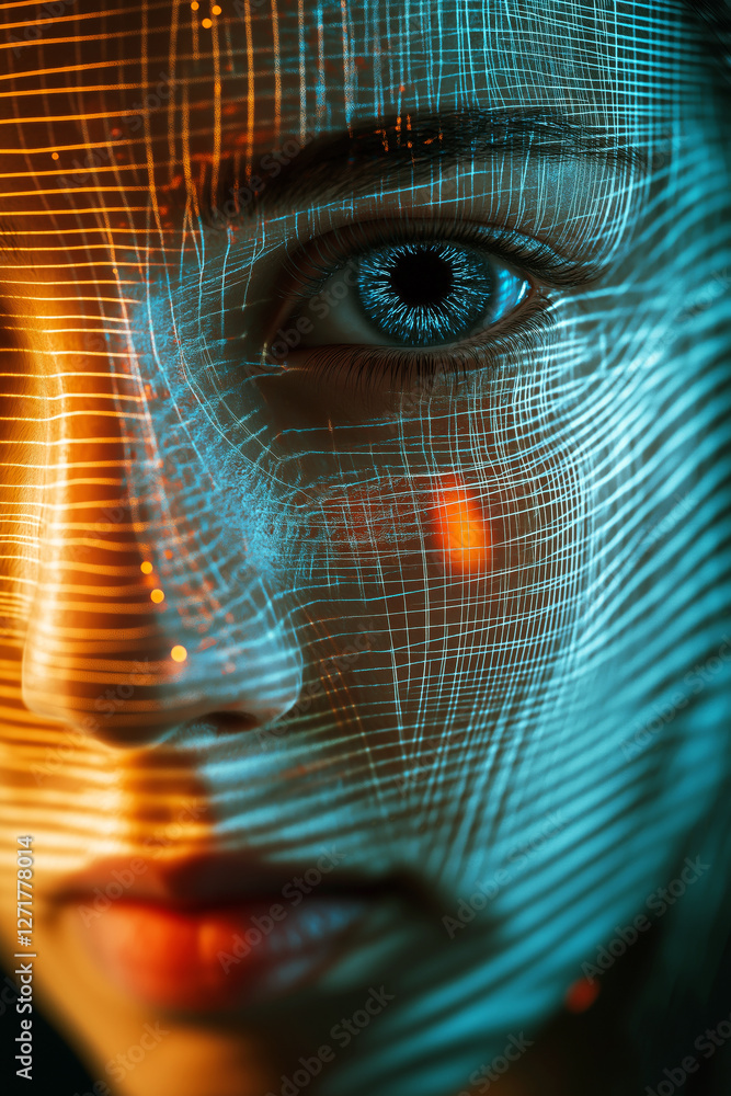 Poster a cinematic close-up of a human face with half of it revealing a digital grid and artificial pattern