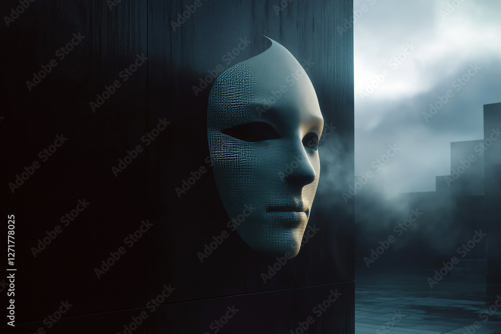 Poster a digital mask floating in front of a human face, symbolizing identity manipulation in the age of de
