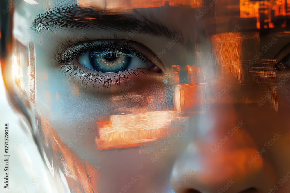 Poster a face composed of overlapping digital layers, each revealing a different identity.