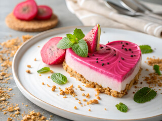 A close-up view of a plate with a slice of pink dessert, garnished with slices of radish and mint leaves. The plate is white, and the dessert has a creamy base with a pinkish hue. The radish slices ar