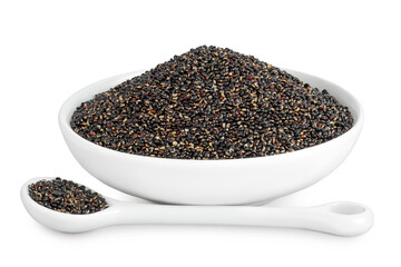 black quinoa in ceramic bowl and spoon isolated on white background