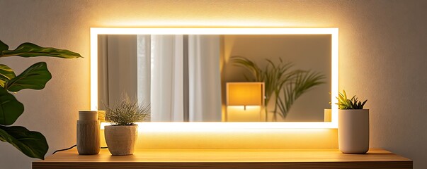 Modern wooden mirror with clean lines and soft lighting reflecting contemporary decor