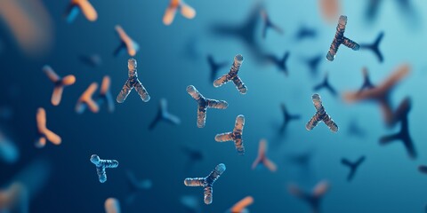 Vivid Digital Representation of Antibody Molecules, Highlighting Y-Shaped Structures, Binding Sites, and Heavy-Light Chain Arrangements Against a Gradient Soft Blue Background