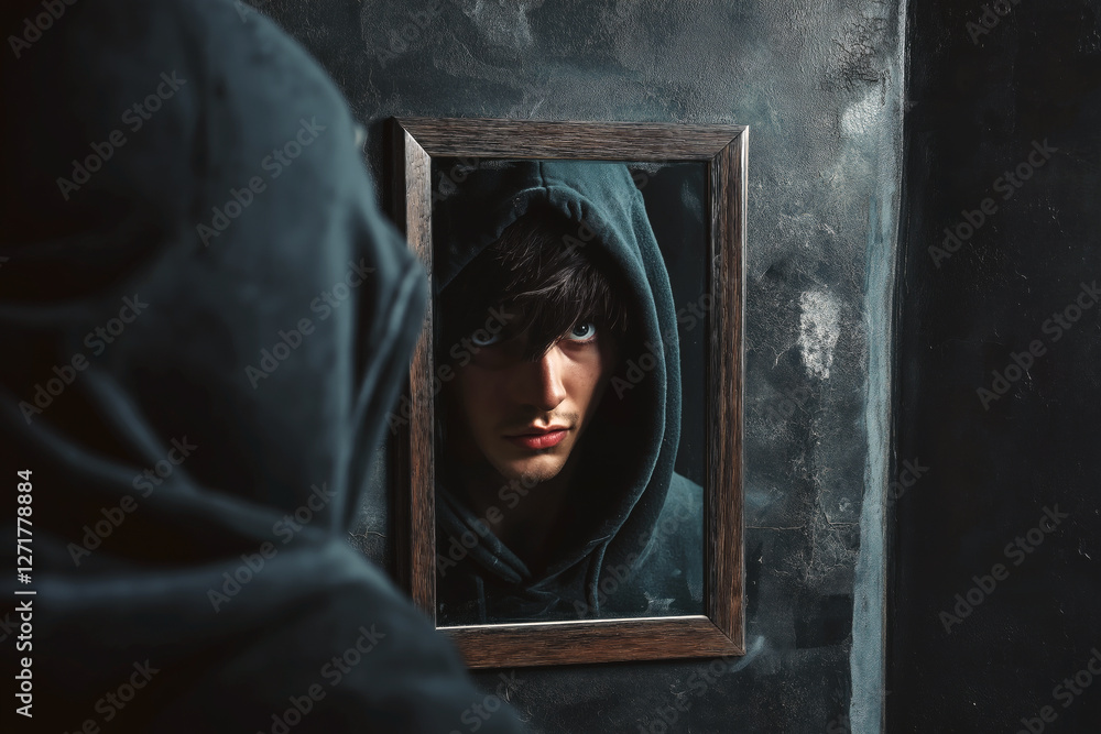 Poster a person standing in front of a mirror, their reflection showing a completely different face.