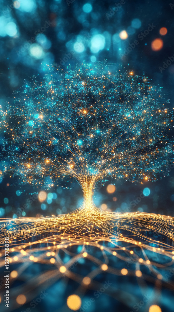 Aufkleber Complex network of interconnected nodes forming a luminous tree, symbolizing artificial intelligence, machine learning, and neural network growth
