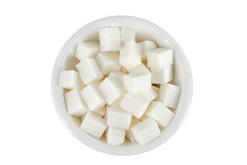 Sugar cubes in a ceramic bowl isolated on white background. Top view. Flat lay