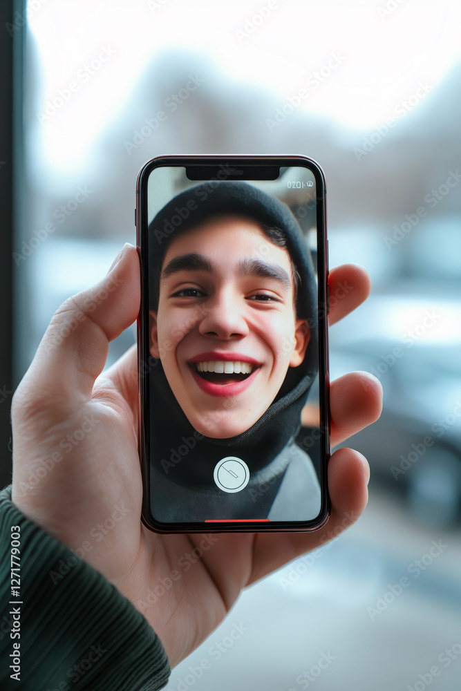 Poster a person holding a smartphone with a deepfake video playing on the screen, the face in the video mor