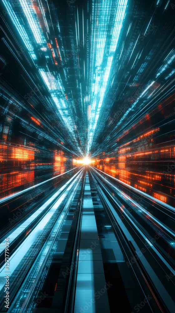 Fototapete Futuristic server room with data traffic visualized as light trails and binary code creating a sense of speed and technology