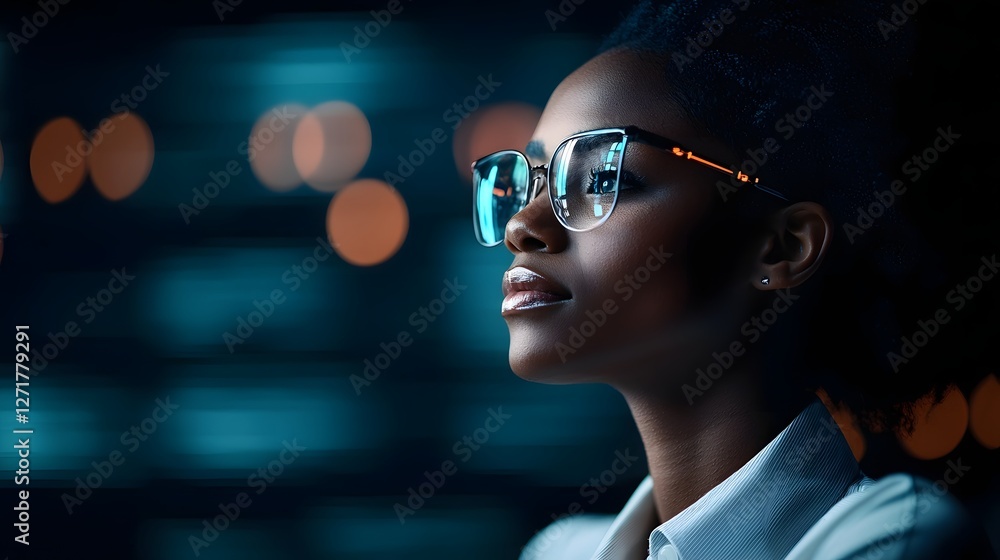 Poster futuristic corporate equity dashboard displaying real time holographic data visualizations tracking 