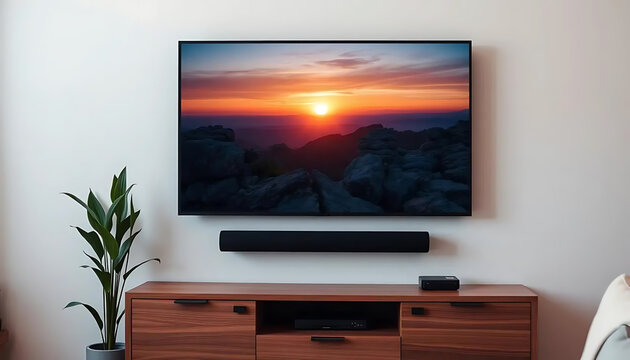 Modern smart tv connected with sound bar. Home entertainment system. Tech, visual, audio entertainment. Stylish interior design. Living room setup. High-quality image, beautiful landscape view