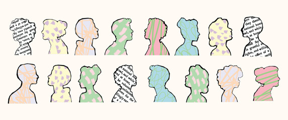 Fototapeta premium Vector Abstract Silhouette Crowd with Vibrant Patterns on White Background, Diverse People Group with Artistic Texture, Conceptual Multicultural Society, Modern Digital Art