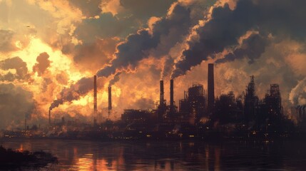 A dramatic industrial landscape at sunset, showcasing smokestacks releasing thick plumes of smoke into the colorful sky over a water body.