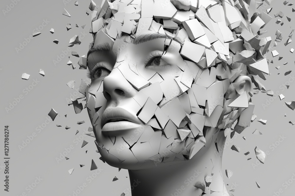 Poster abstract human head composed of fragmented digital shards, representing identity manipulation.