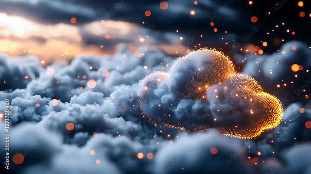 Poster dynamic data transfer visualized as glowing streams above cloudy horizon digital art futuristic atmo
