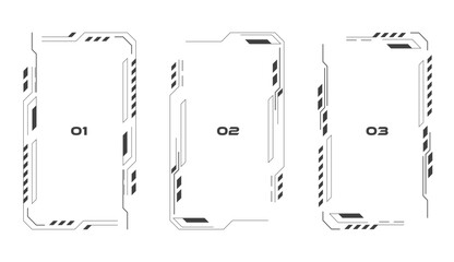 Technology HUD frames collection. Modern futuristic cover set. User interface control panel vector elements flat design on white background. Digital screen window. Tech vector illustration