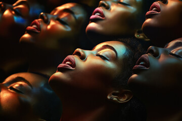 Obraz premium A creative conceptual image showcasing a multitude of expressive faces lit by vibrant and colorful lighting, portraying vivid emotions and artistic energy through innovative photography composition.