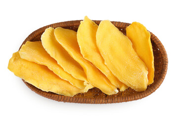 dried mango in a wicker basket isolated on white background. Top view. Flat lay.