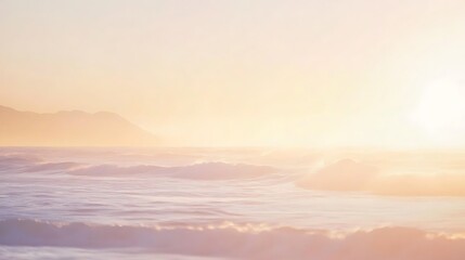 Obraz premium Serene Sunset Over Gentle Ocean Waves And Distant Mountains