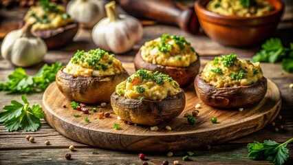 Delicious Vegetarian Garlic Kiev: Low-Light Photography of Crispy Golden-Brown Stuffed Mushrooms