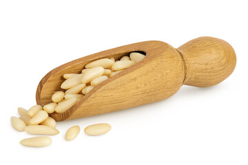 Shelled European pine nuts in wooden scoop isolated on white background with full depth of field