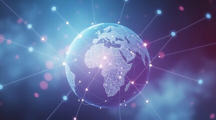 Fototapeta premium A futuristic visualization of global data flow, linking continents through high-speed internet, satellites, and AI-driven systems. It symbolizes innovation, connectivity, and seamless communication.