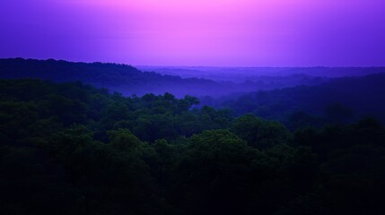 Mystical Purple Dawn Over Forest Landscape, Serene Blue Green Foliage, Tranquil Nature in Early Morning Atmosphere, Vibrant Sky Gradient above Lush Woodland Panorama, Ethereal Light Effect
