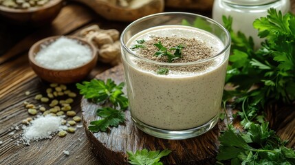 Creamy beverage garnished with parsley on a wooden serving board