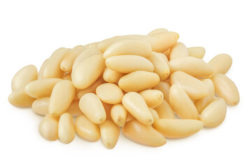 Shelled European pine nuts isolated on white background with full depth of field