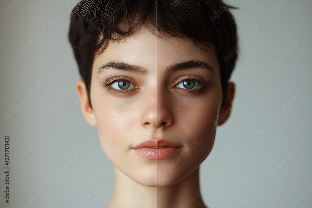 Poster split-screen of the same person, one side real and the other side artificially generated.