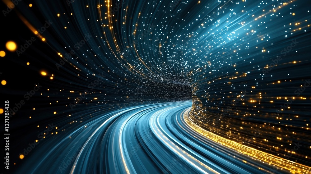 Poster abstract digital art depicting a swirling tunnel of blue and golden light - trails with sparkling pa