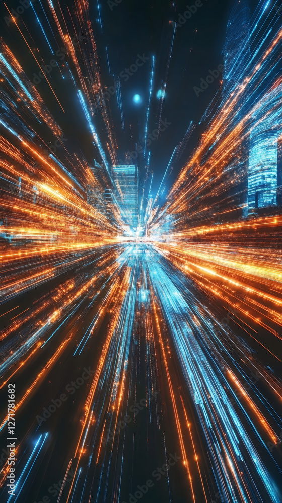 Fototapete Abstract image of fast moving lights illuminating night cityscape with zoom effect and moon in background