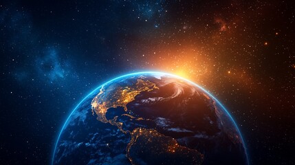 Obraz premium Earth from Space with Glowing Sunrise, Illuminated Planet with Blue and Brown Tones, Cosmic View with Celestial Light, Global Perspective with Starry Background, Vibrant Atmosphere