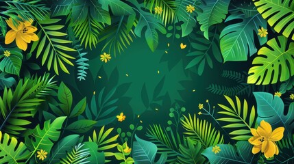 Lush tropical foliage with vibrant yellow flowers framing a serene green background, ideal for nature themes