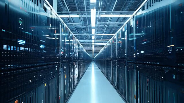 High definition footage rear view multiple data servers data center highlighting blinking LED lights extensive wiring camera zooms out