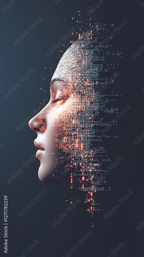 Aufkleber Profile of a human face dissolving into digital particles. Symbolizing information overload. Mental stress. And the impact of technology on thought processes. Concepts of burnout and cognitive strain