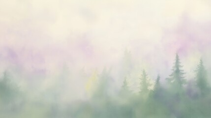 Dreamy, Abstract Painting of a Misty Forest with Delicate Pastel Colors, Ethereal Scene with Soft Light and Gentle Hues of Green, Yellow, and Purple, Nature Background