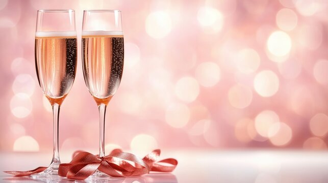 Two champagne flutes filled with sparkling wine, set against a soft pink bokeh background, with a decorative red ribbon at the base.