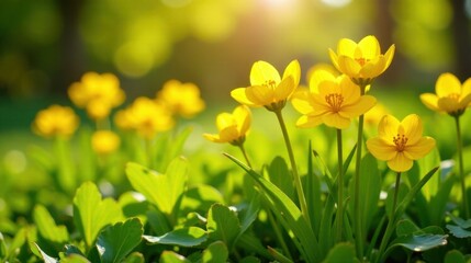 Fototapeta premium Radiant Yellow Flowers Basking in Sunlight's Golden Embrace, a Vivid Display of Spring's Arrival in a Lush Meadow