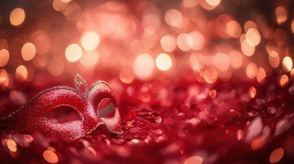 A red glitter mask resting on a bed of shiny red sequins with a bokeh effect.