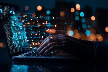 Close up of hands typing on laptop with glowing data streams, showcasing technology and digital innovation in modern setting
